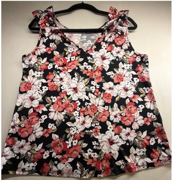 Perception Concept Tops - Perception Concept Floral Ruffle Shoulder V-Neck Tank Top Black Coral Large